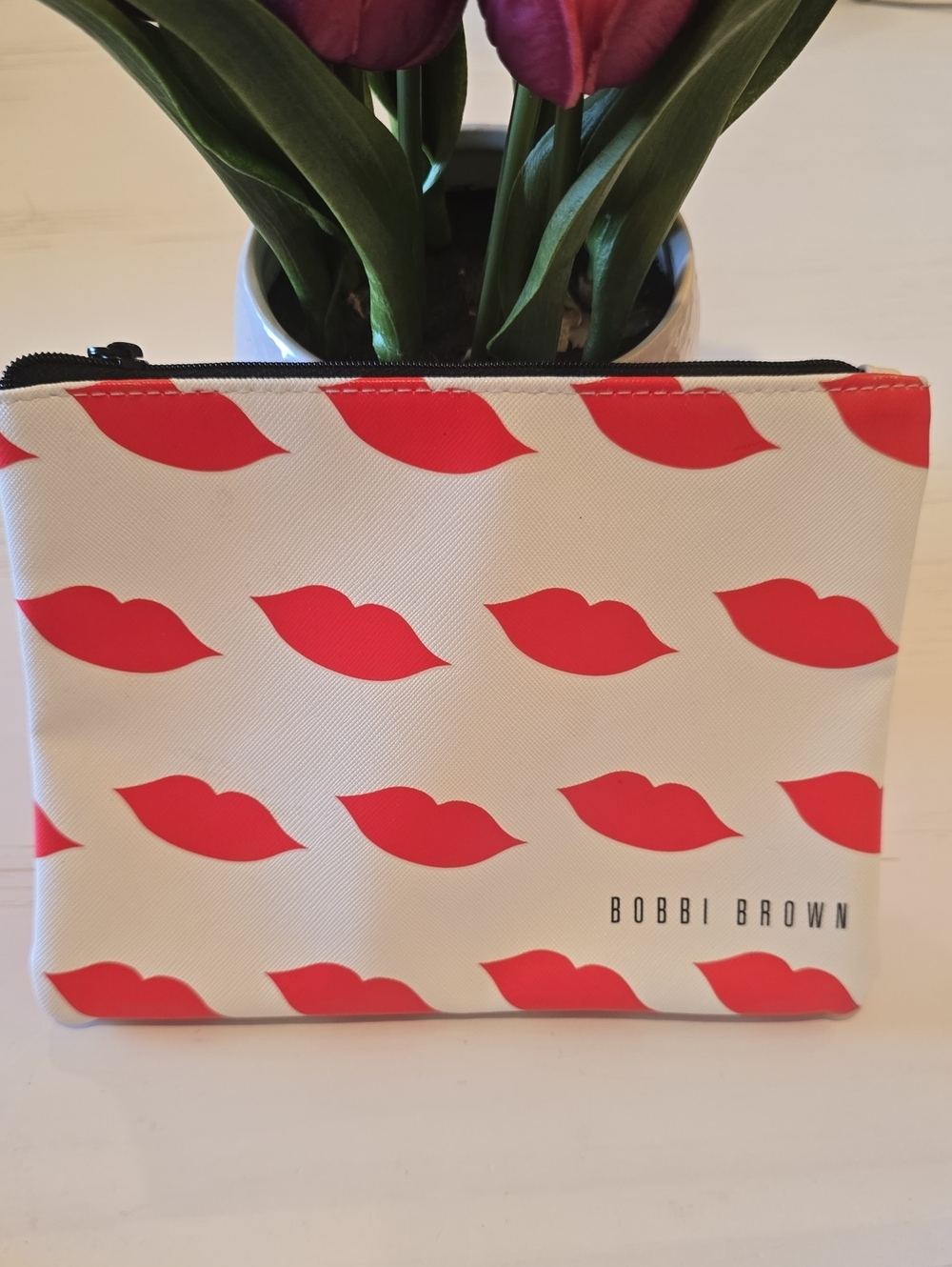 Bobbi Brown White Cosmetic Pouch with Red Lip Print Pattern